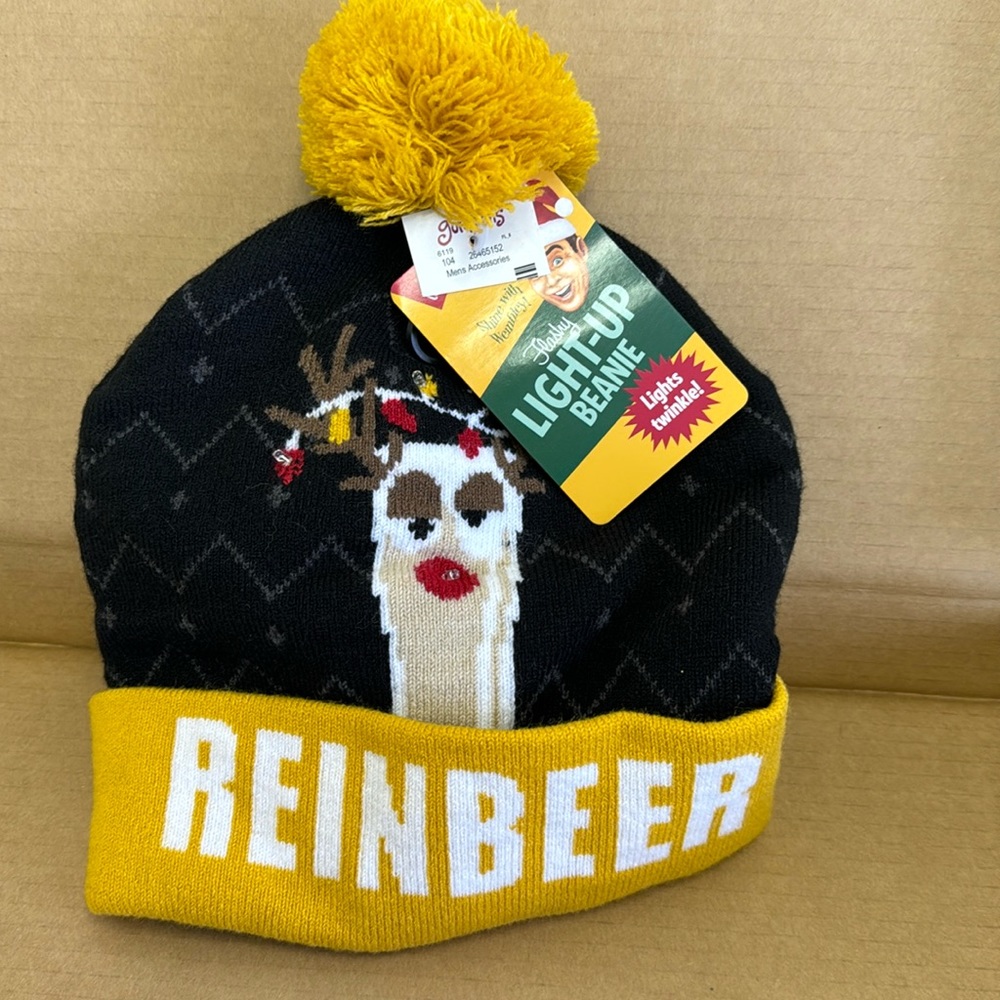 Wembley Mens Christmas Reindeer Light Up Beanie Winter Hat Rainbeer Hack Gift